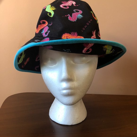 Lulu Guinness London Bucket Hat – Black & Multi-color Seahorse Print - Picture 1 of 6